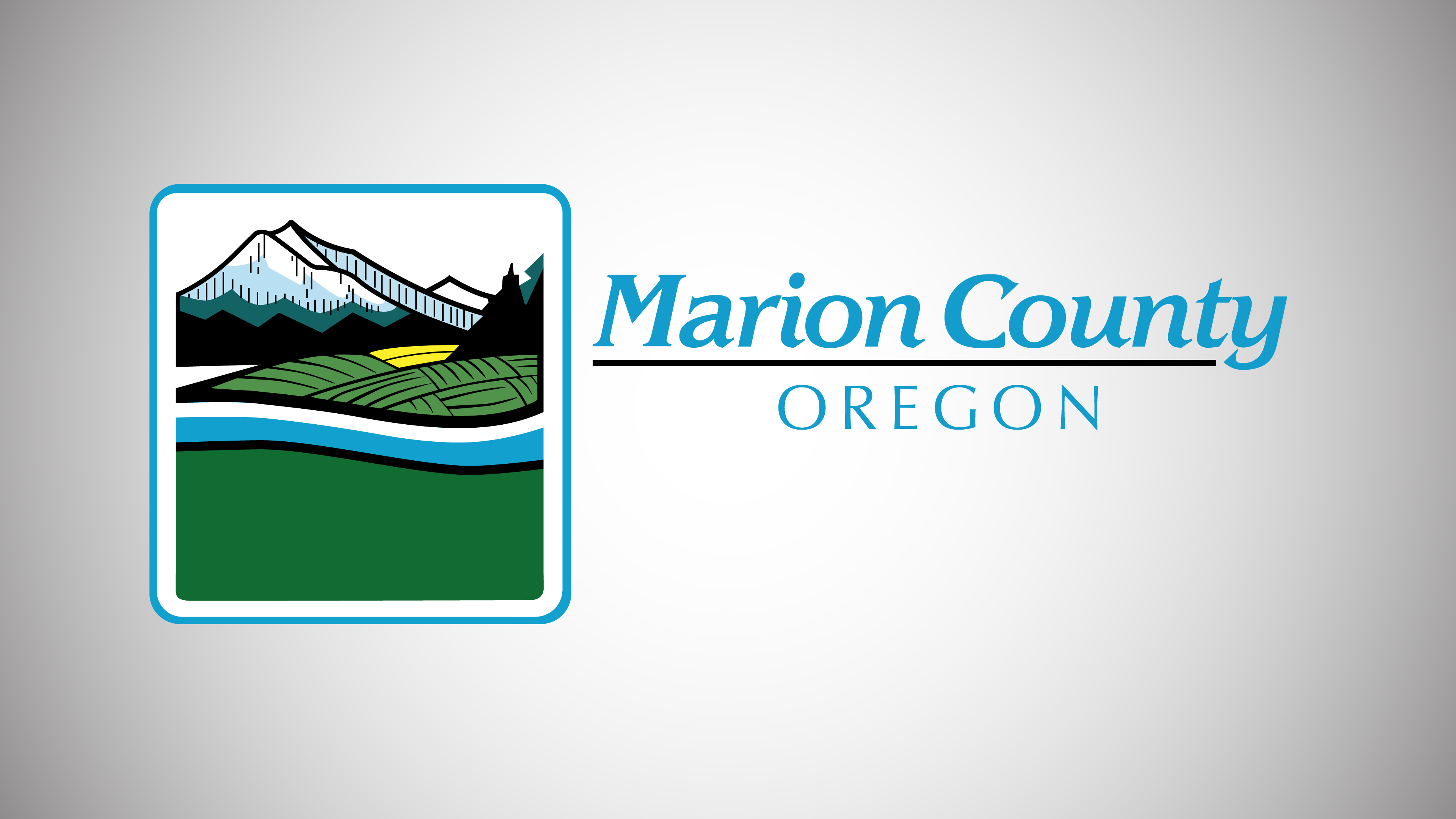 Grey and white vignette background with the Marion County logo middle left and blue words in center: "Marion County Oregon"