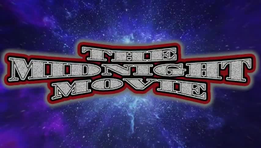Blue background with red and white "The Midnight Movie" logo in the center