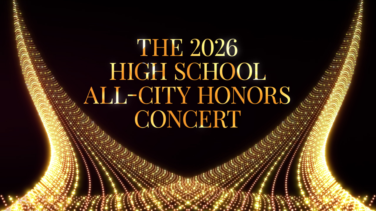 Black background with swirling gold design. In middle, words in gold saying "The 2025 School School All-City Honors Concert"
