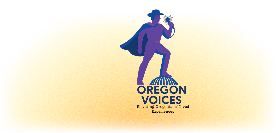Yellow variegated background with a purple illustrated figure in a cape and hat holding a mic in the middle, stepping on the Capitol. "Oregon Voices" under foot.