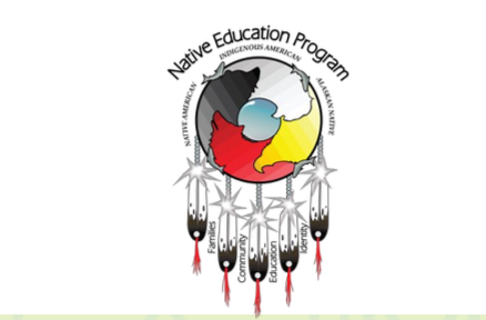 Dream catcher with red, yellow, black, white, grey and blue in the center with the words "Native Education Program" at top