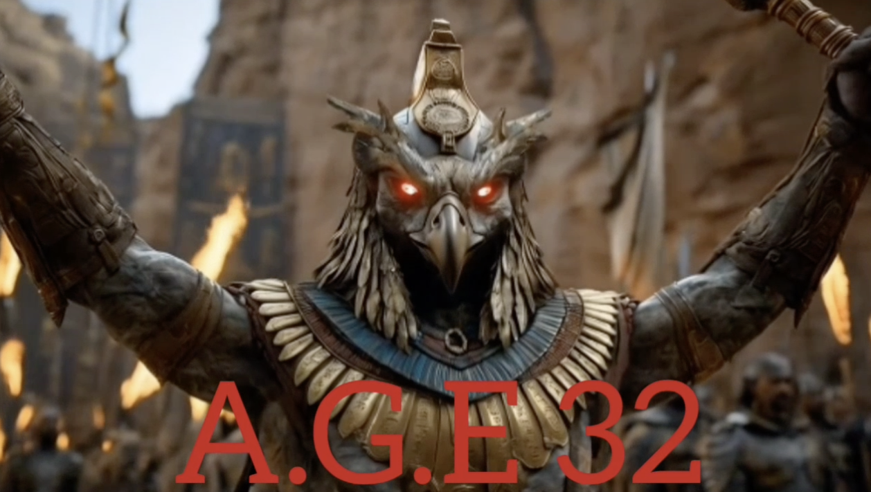 Illustrated eagle man in the center with red words at the bottom "A.G.E. 32"