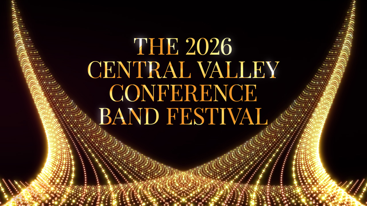 Black background with swirling gold design. In middle, words in gold saying "The 2026 Central Valley Conference Band Festival""
