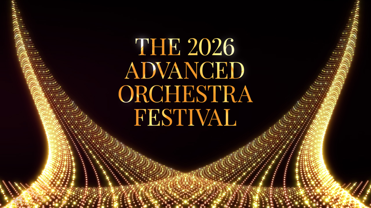 Black background with swirling gold design. In middle, words in gold saying "The 2026 Advanced Orchestra Festival""