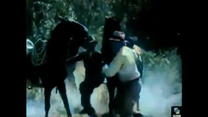 Two men with horses in the mist