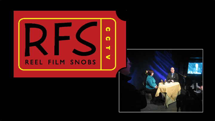 Reel Film Snobs logo in red on the left side. Man and woman sitting at a table in the right corner.