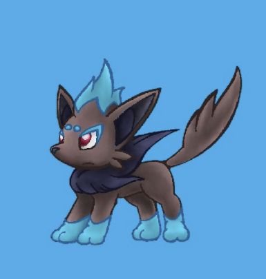 Blue background with a grey fox like Pokemon character