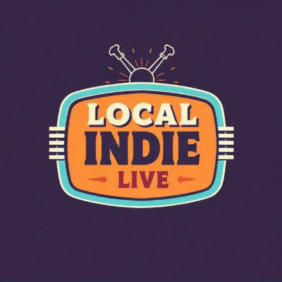 Purple background with a blue and yellow amulet in the center and "Local Indie Live" in the center of that.