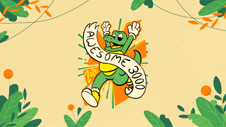 Yellow and leafy background with a running alligator in the middle and a banner saying Awesome 3000 across it.
