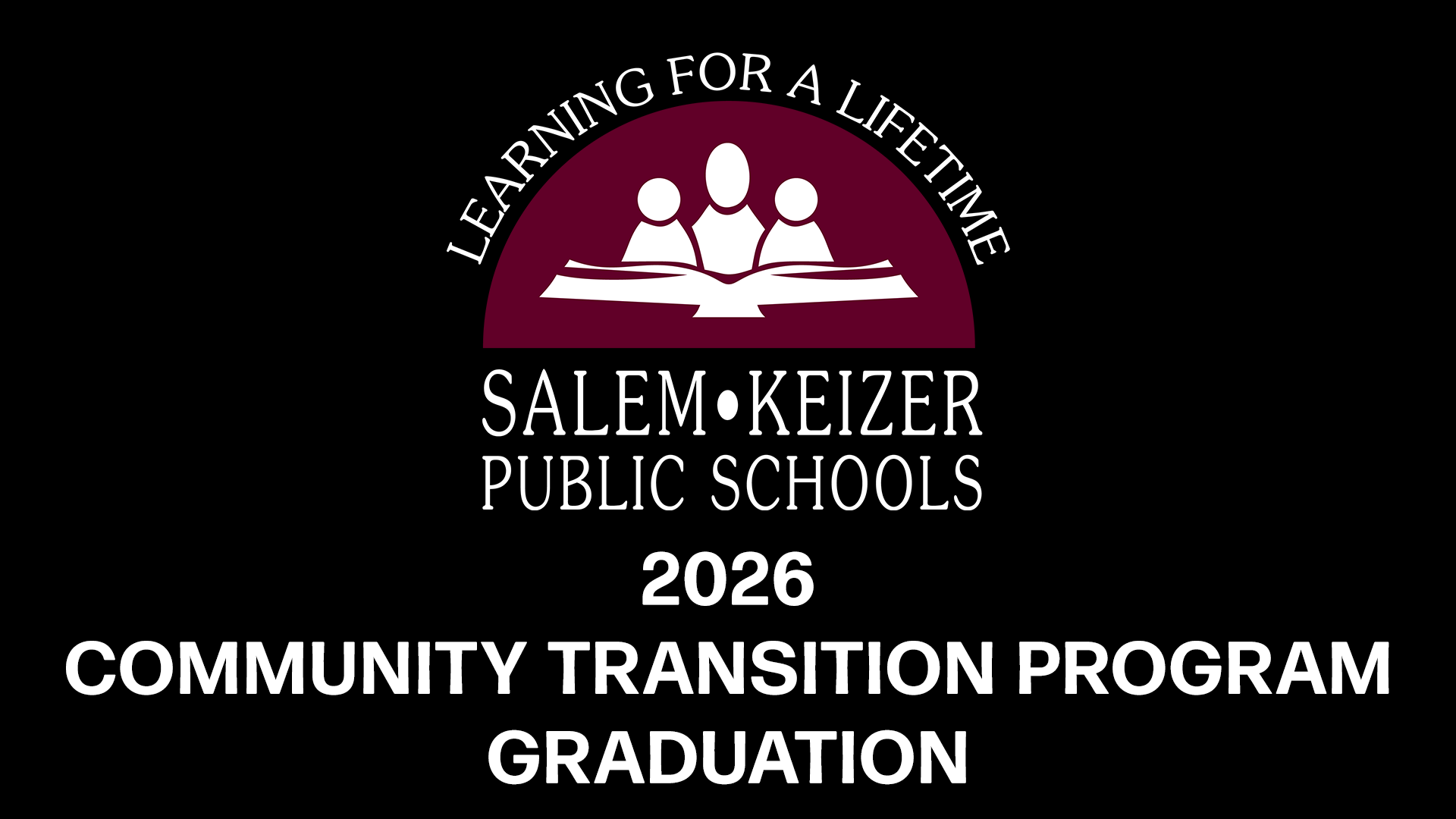 Grey and white vignette background with maroon Salem Keizer Public Schools logo in the middle