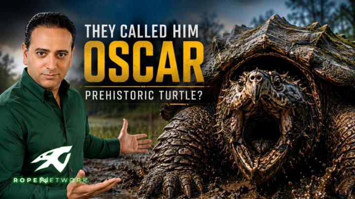Picture of a man in green to the left and a giant turtle to the right. Words in the center: "They called him Oscar Prehistoric Turtle"