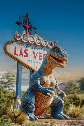 Godzilla cartoon dino standing in front of the "Fabulous Las Vegas" sign