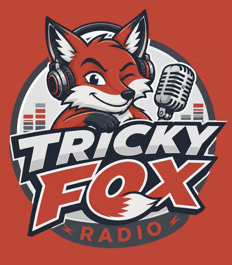 Red background with a radio fox in the center and the words "