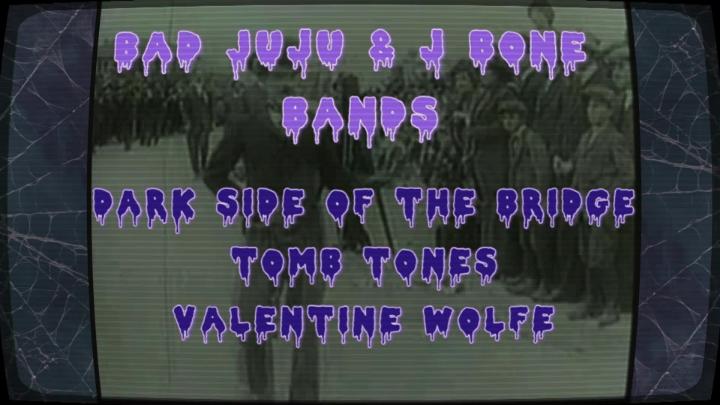 black and white tv screen with purple words in the center: "Bad Juju & Bone Bands Dark Side of the Bridge Tomb Tones Valentine Wolfe"