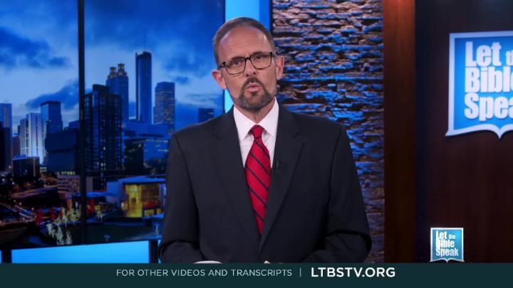 Man in a dark suit and glasses standing in the center. Cityscape background and blue "Let The Bible Speak" logo in the back right and lower right corner