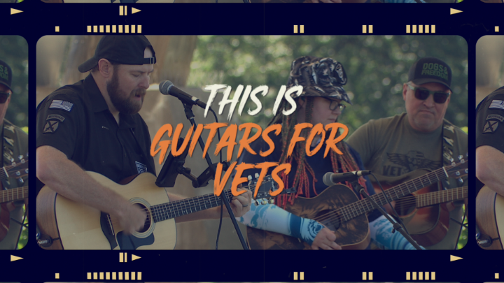 Guitarists in the background with white and orange words: "This is Guitars for Vets"