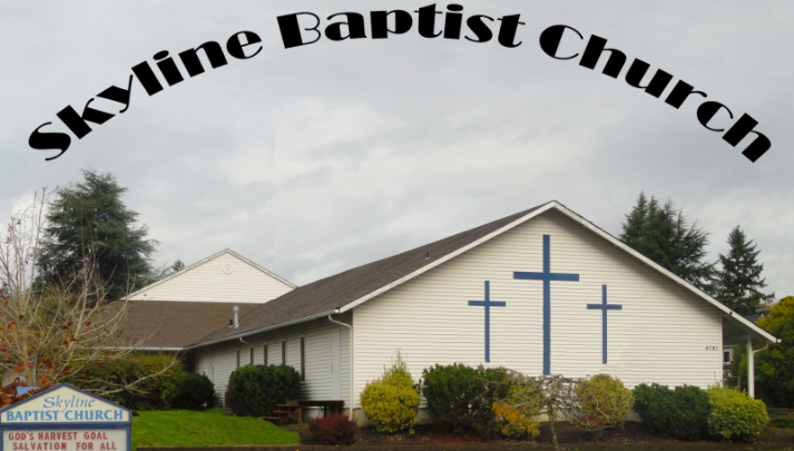White church with three crosses on it. Black words: “Skyline Baptist Church” arched over it.