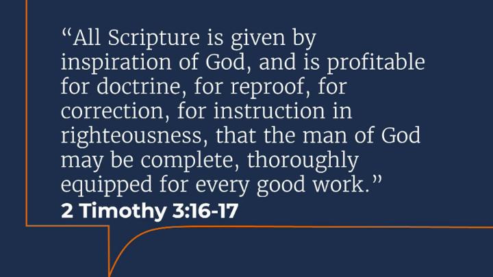 Blue background with white words: ""All Scripture is given by inspiration of God, and is profitable for doctrine, for reproof, for correction, for instruction in righteousness, that the man of God may be complete, thoroughly equipped for every good work." 2 Timothy 3:16-17"