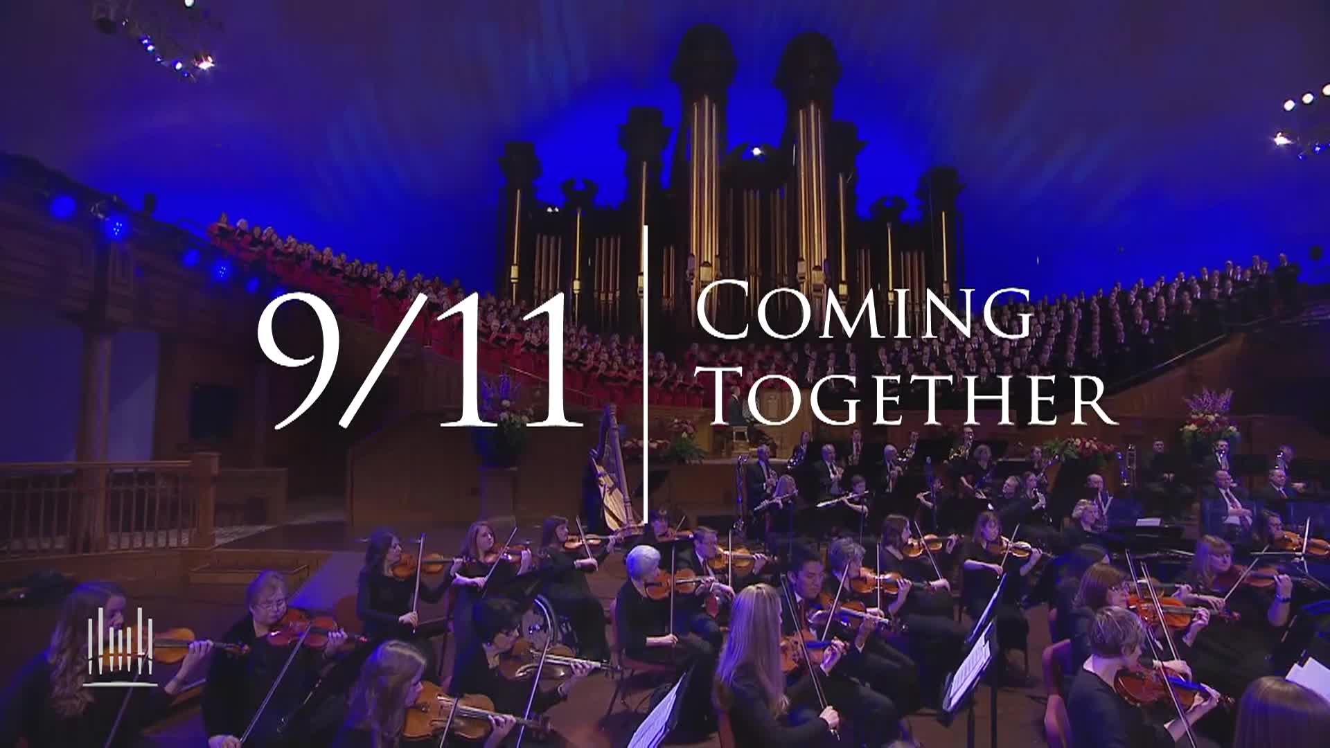 Blue and purple lights in the back with a large choir of people. White words in the center: 
