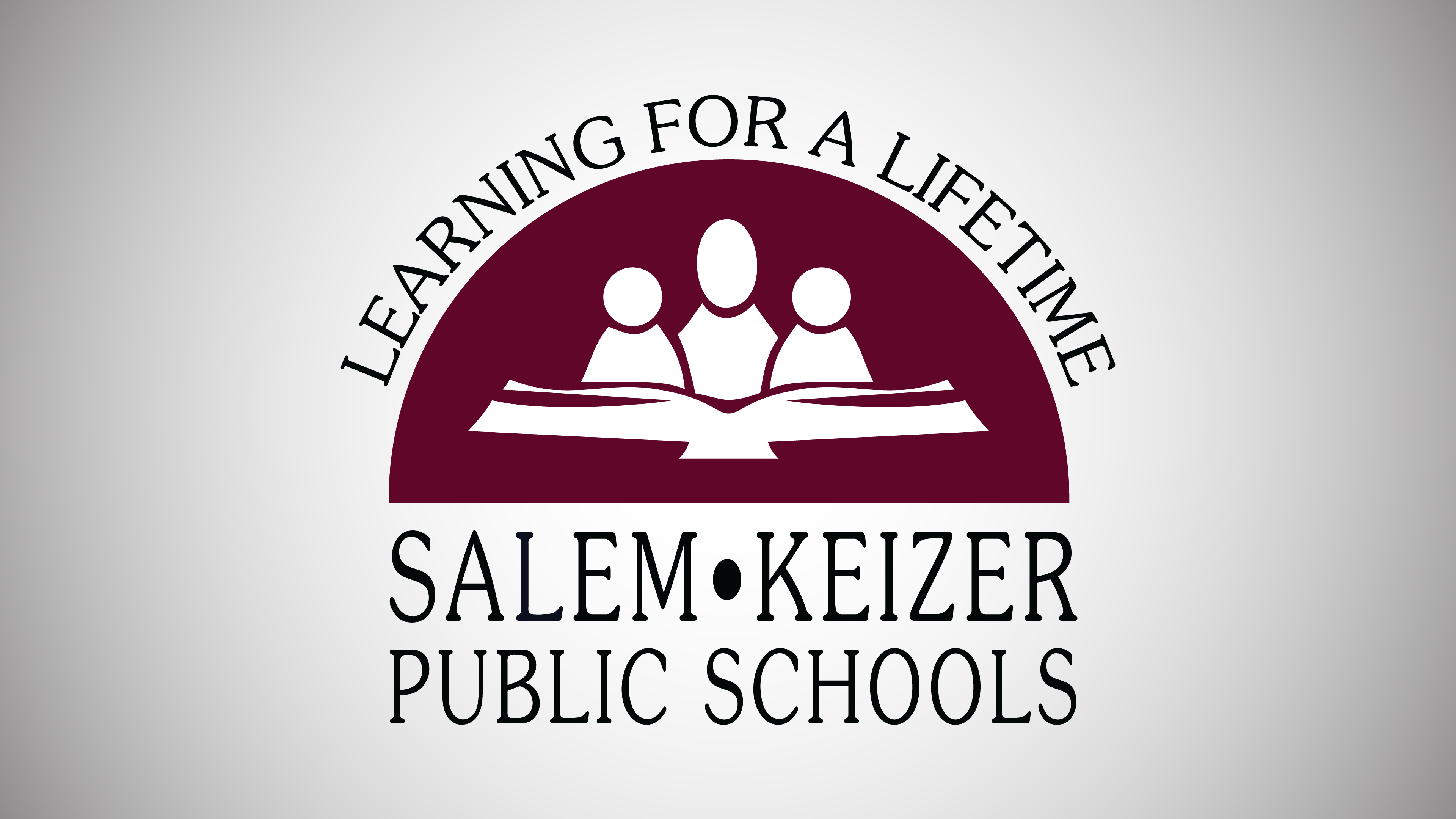 Grey and white background. Salem-Keizer Public School district maroon logo in the center.