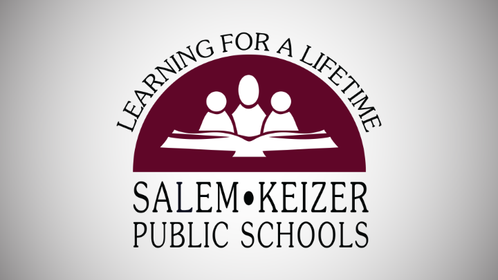 Grey and white background. Salem-Keizer Public School district maroon logo in the center.