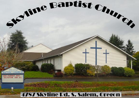 White church with three crosses on it. Black words: “Skyline Baptist Church” arched over it.