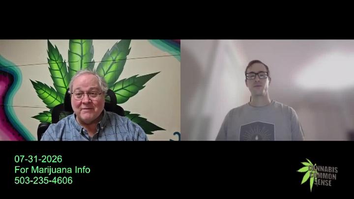 Split Zoom screen. Man in a blue button up on the left with a large green cannabis leaf in the back. On the right, man in tee and glasses.