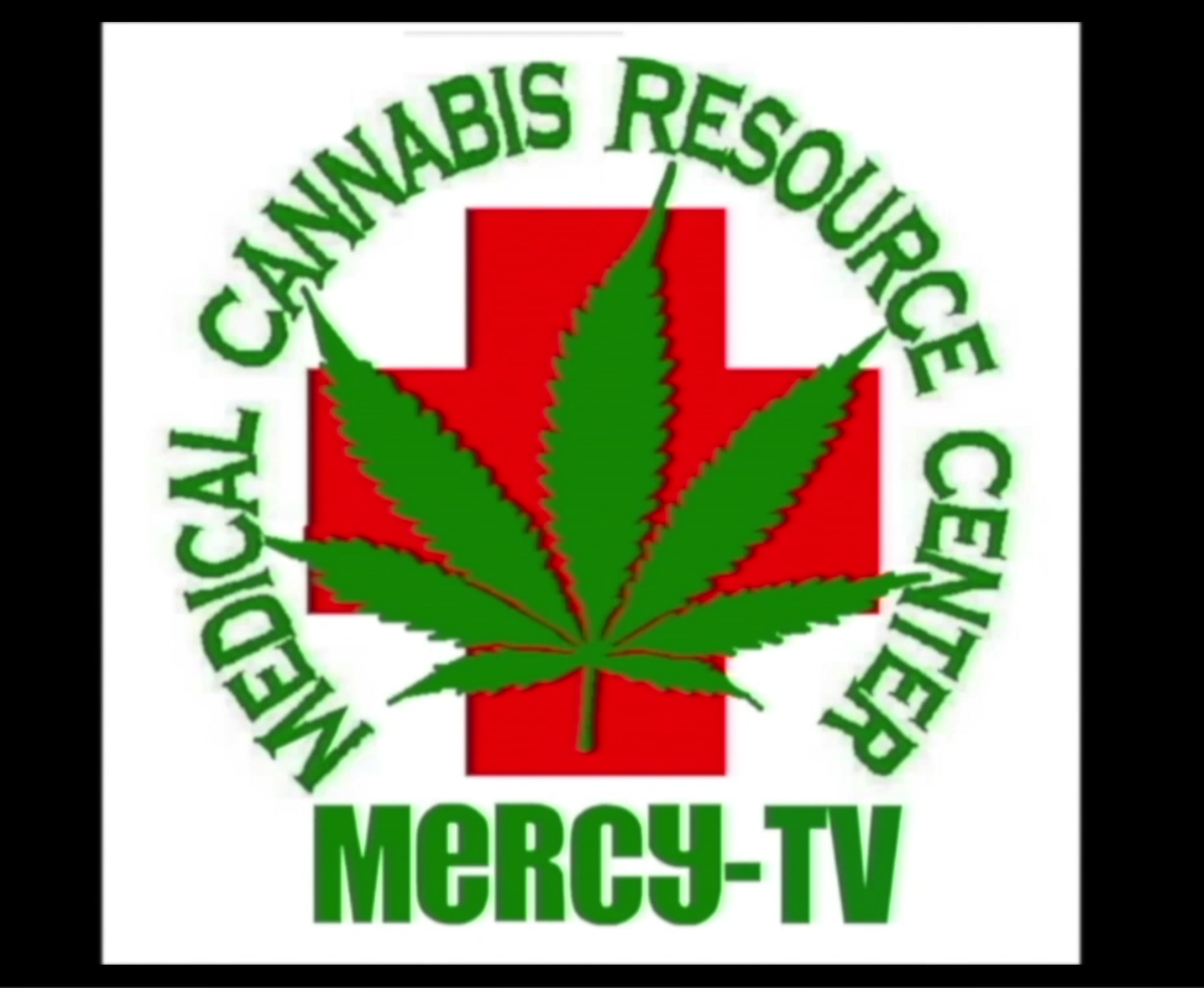 White and black background with a red cross and green cannabis leaf in the center. Green words circling: 