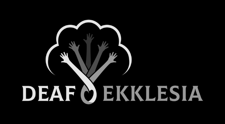 black background. Hands reaching up in different shades of grey. Words at the bottom: Deaf Ekklesia