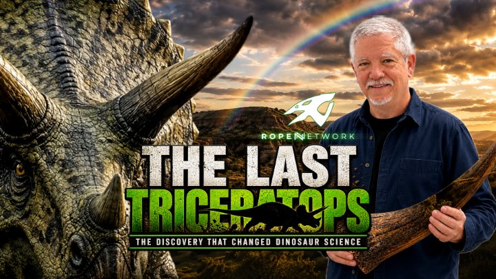 Picture of a triceratops to the left and a man to the right. White and green words in the center: "The Last Triceratops"