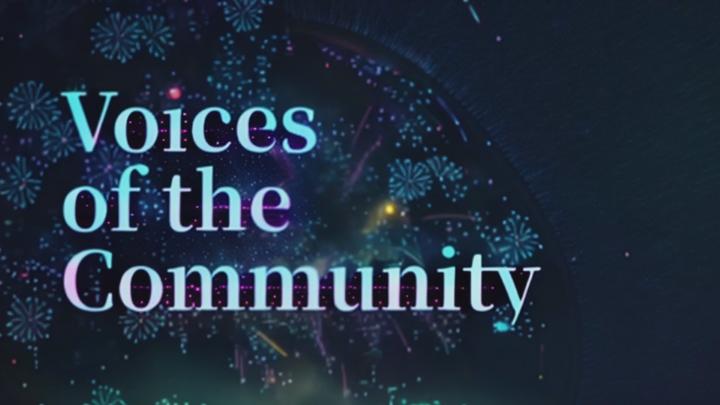 Blue abstract background with blue words: "Voices of the Community" to the middle left