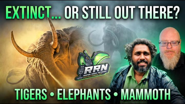 Picture of a prehistoric elephant to the left and a picture of two bearded guys to the right. Green dinosaur RRN logo in the center. Words in green and white at the top: "Extinct... or still out there?" Green and white words at the bottom: "Tigers Elephants Mammouth"