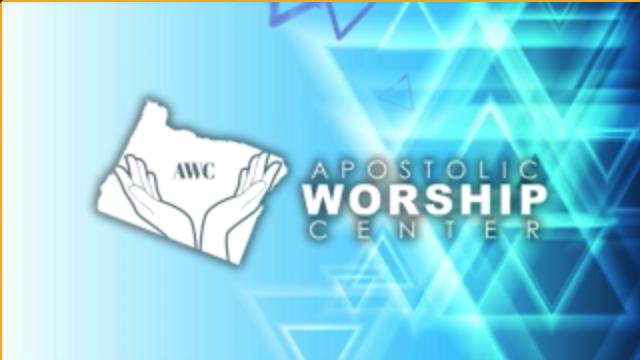 blue and white abstract background with white words: "Apostolic Worship Center" 
