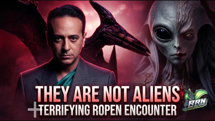 Picture of an alien and a dinosaur in the background. A man in a suit to the left. Words at the bottom: They are not aliens - terrifying ropen encounter"