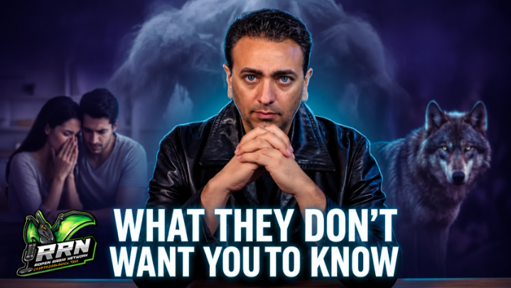 AI people in the background and a wolf to the right. Man in black in the middle with white words at the bottom: "What They Don't Want You To Know"