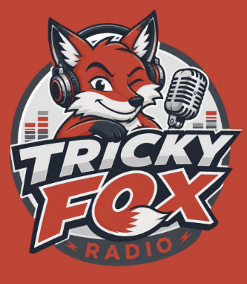 Red background with a red fox wearing podcast gear. "Tricky Fox" in white black and red in the center.
