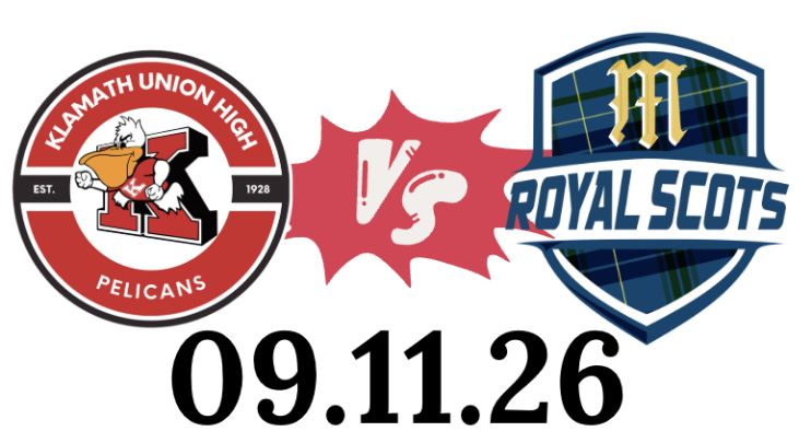 High school team logos: Pelicans to the left, blue plaid Royal Scots logo to the right. 09-11-26 at the bottom