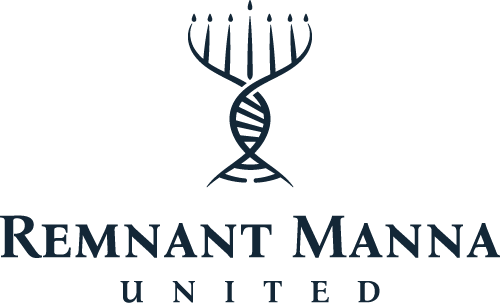 black double helix that turns into a menorah in the center. Black words at the bottom: "Remnant Manna United"
