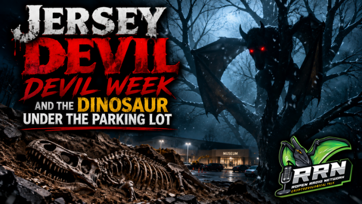 Dark sky background with a scary tree and bat-like creature to the right.  White, red, yellow words upper left corner: JERSEY DEVIL WEEK AND THE DINOSAUR UNDER THE PARKING LOT