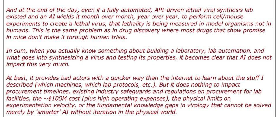 white background with red words: "And at the end of the day, even if a fully automated, API-driven lethal viral synthesis lab existed and an Al wields it month over month, year over year, to perform cell/mouse experiments to create a lethal virus, that lethality is being measured in model organisms not in humans. This is the same problem as in drug discovery where most drugs that show promise in mice don't make it through human trials. In sum, when you actually know something about building a laboratory, lab automation, and what goes into synthesizing a virus and testing its properties, it becomes clear that Al does not impact this very much. At best, it provides bad actors with a quicker way than the internet to learn about the stuff I described (which machines, which lab protocols, etc.). But it does nothing to impact procurement timelines, existing industry safeguards and regulations on procurement for lab facilities, the ~$100M cost (plus high operating expenses), the physical limits on experimentation velocity, or the fundamental knowledge gaps in virology that cannot be solved merely by 'smarter' Al without iteration in the physical world."