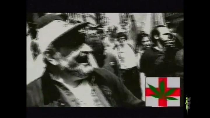 Black and white blurry picture of people. Blurry red cross with green cannabis logo bottom right corner.