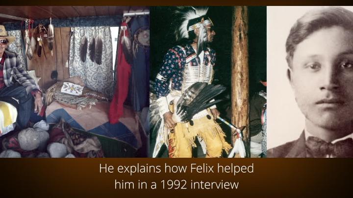 various pictures of Native Americans in different clothing and settings. Brown letter box at the bottom with white words: "He explains how Felix helped him in a 1992 interview"