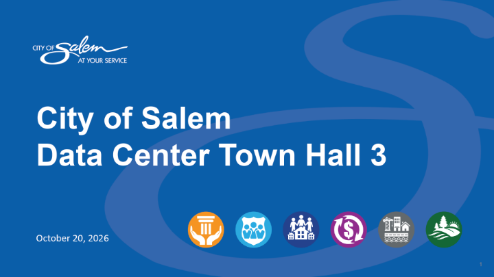 Blue background with white words in the center:"City of Salem Data Center Town Hall 3". Logos of other agencies at the bottom.