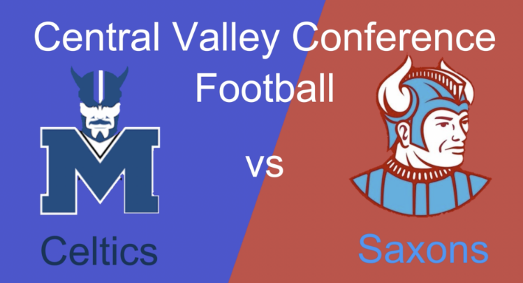 Blue and red split background. Blue McNary logo on the left. Red and blue South Salem logo on the right. White words top middle: "Central Valley Conference Football vs"