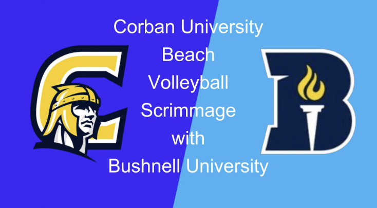 split screen slide. On the left, darker blue with a yellow "C" and an illustrated man wearing a yellow helmet. To the right, lighter blue with a "B" in the center and a torch in the center of that.  White words in the middle of the slide: "Corban University Beach Volleyball Scrimmage with Bushnell University"