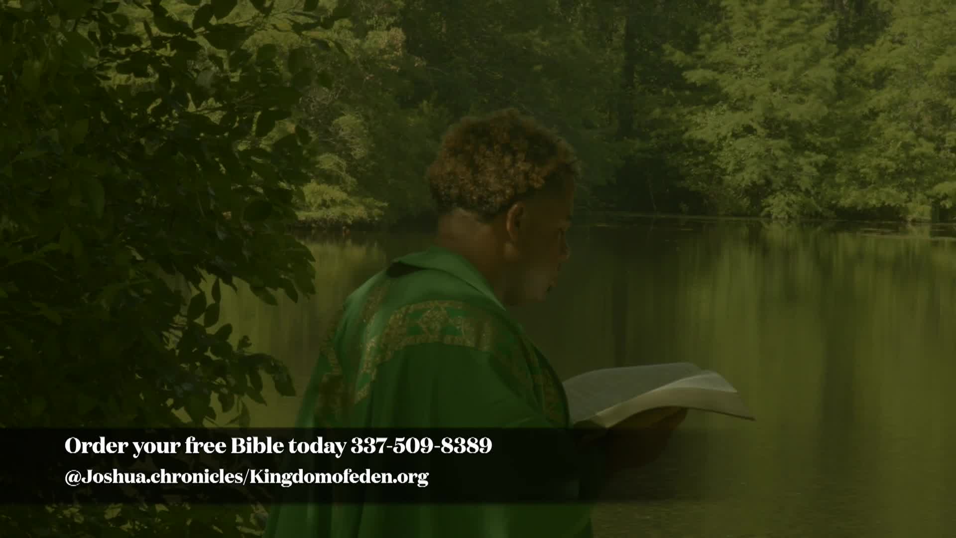 Green toned picture of a man in a green cloak reading the bible by a river, white words on the bottom left "@Joshua.chronicles/Kingdomofeden.org"