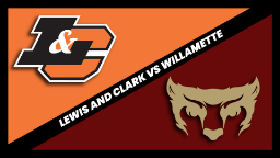 Lewis & Clark logo on orange background in upper left corner, Willamette Bearcats gold logo on maroon background in right corner.