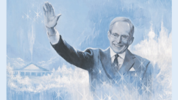 Blue and white painted background with a blue and white painting of an older man with arm lifted on the right side.
