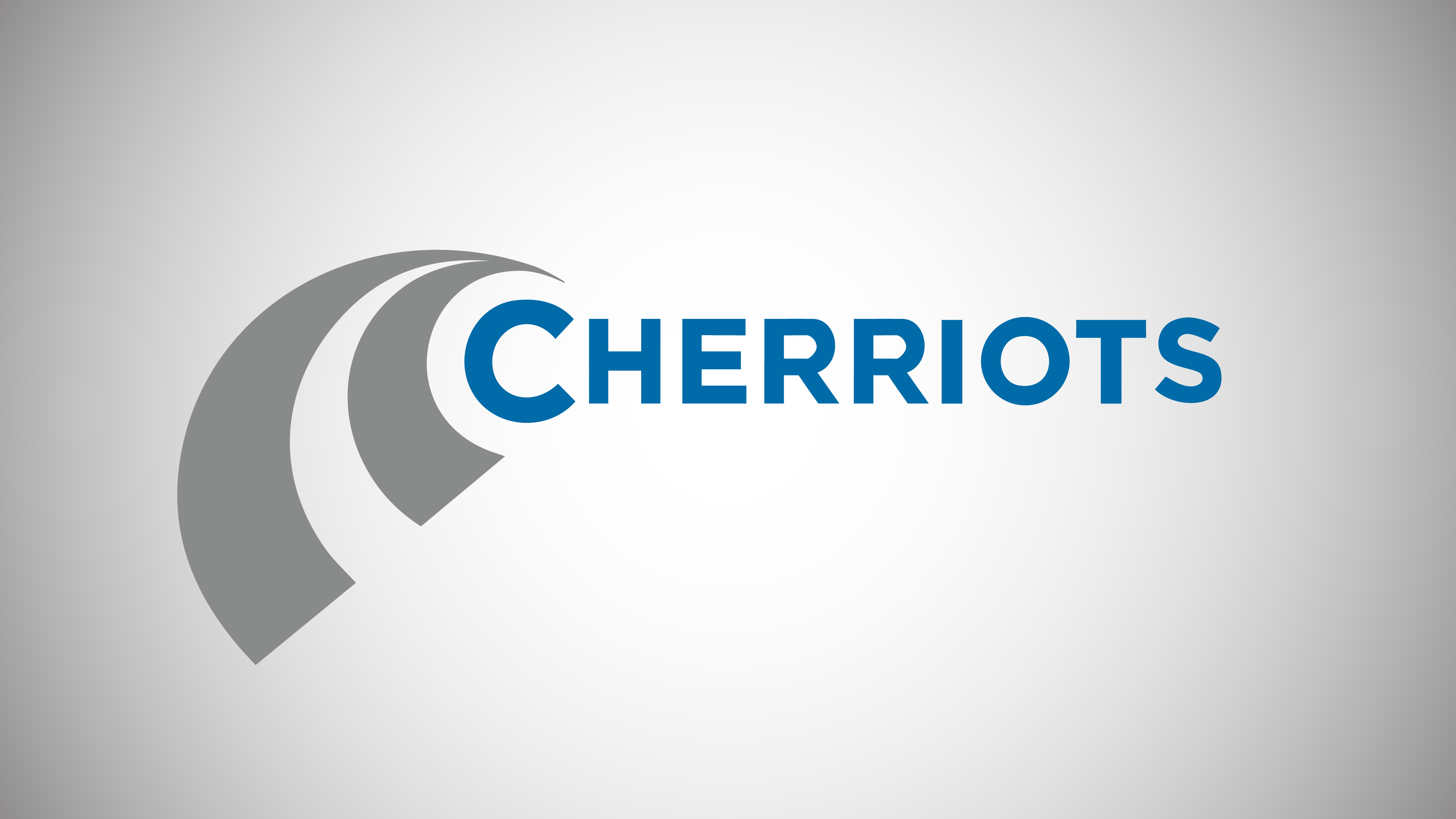 White and grey variegated background with "Cherriots" in blue in middle right of page. Illustrated mountain and field logo to left.