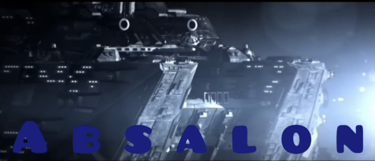 Futuristic spaceship with the word "Absalon" in blue at the bottom